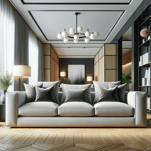 LUXURIOUS MODERN ELEGANCE SOFA WITH PLUSH PILLOW ACCENTS